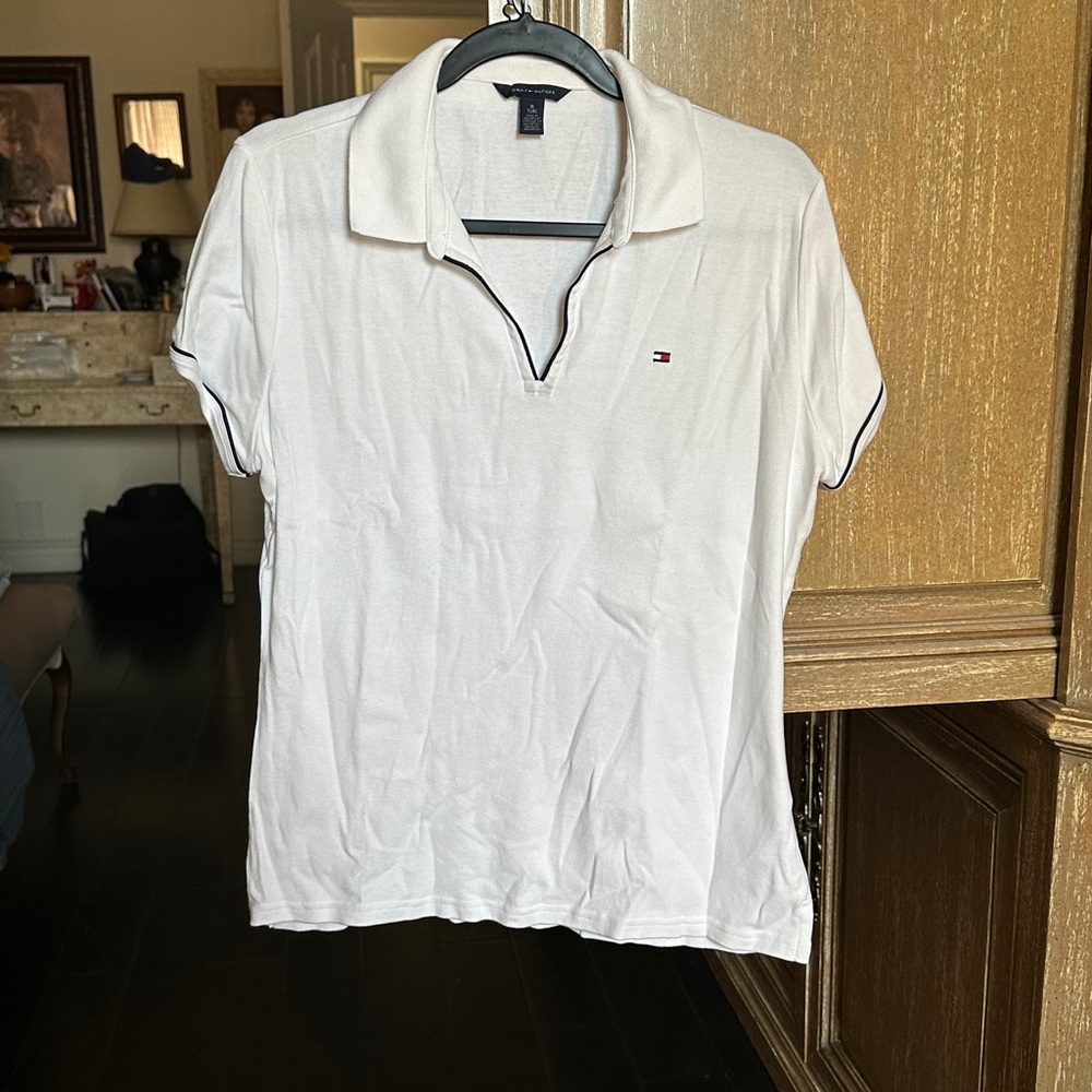 TOMMY HILFIGER White with Blue Piping Short Sleeve Collared Tee Shirt Size L